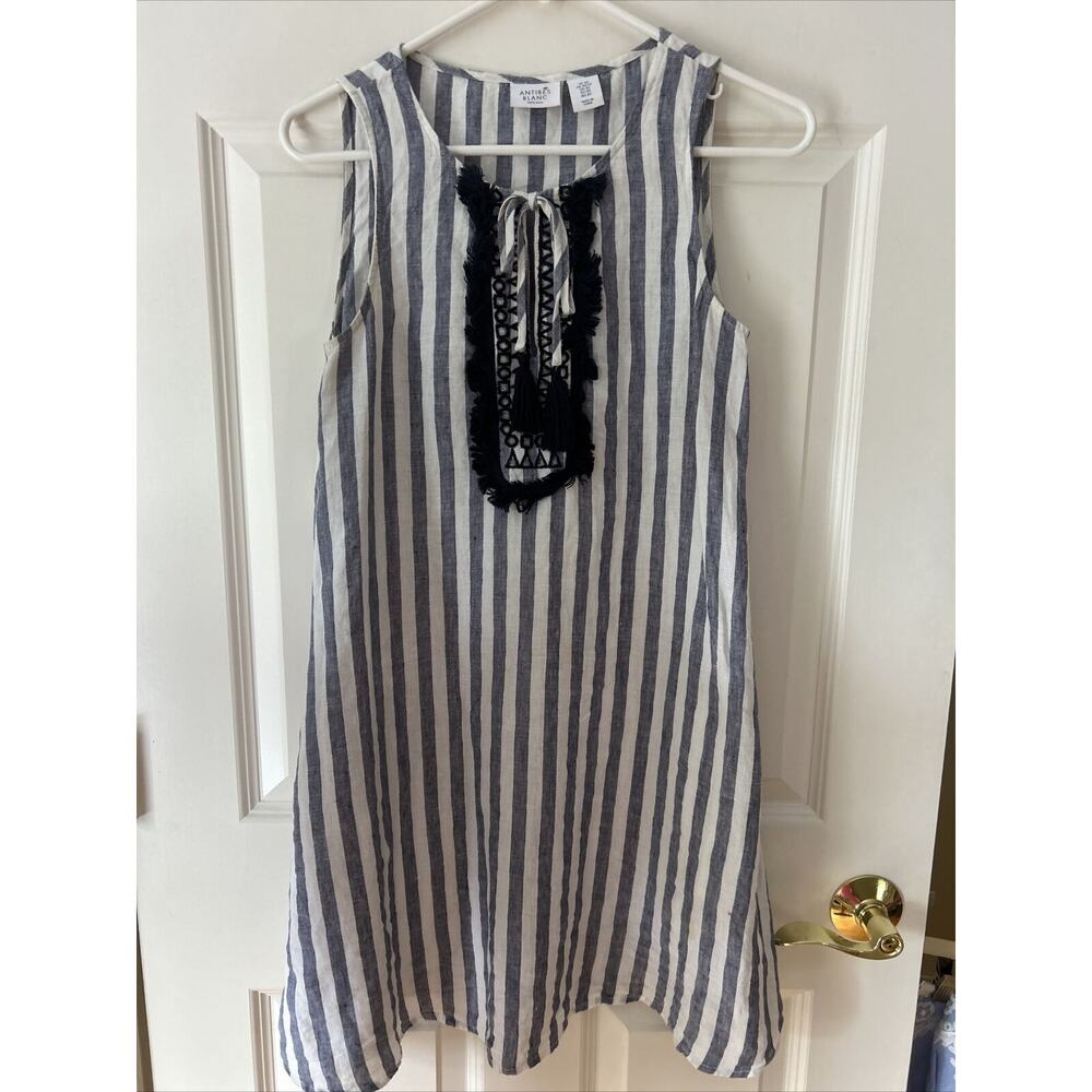 Antibes Blanc Linen Dress Euc blue white stripe tie tassel fringe pockets XS